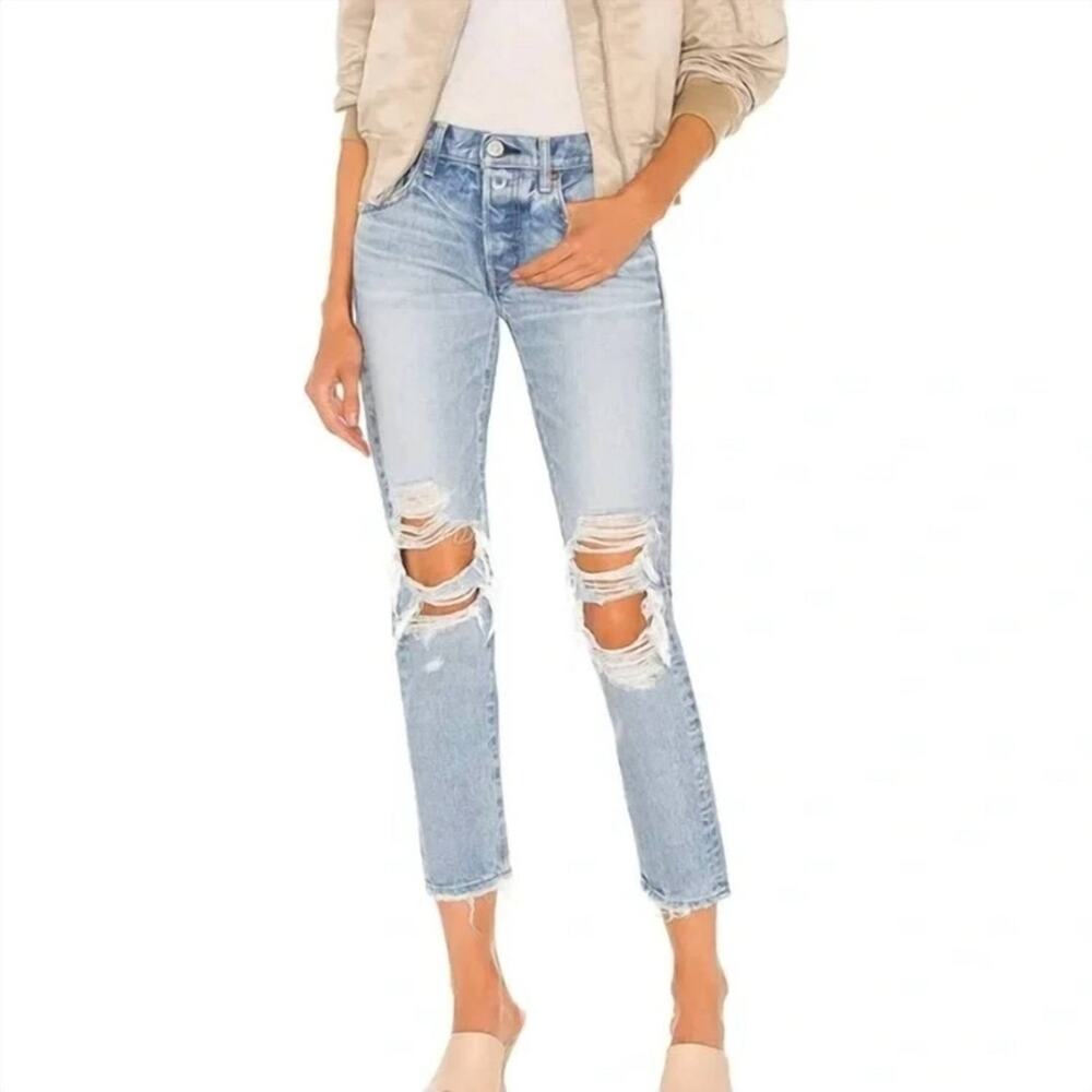 Moussy Vintage May Tapered Jeans Distressed Light Blue Streetwear Casual